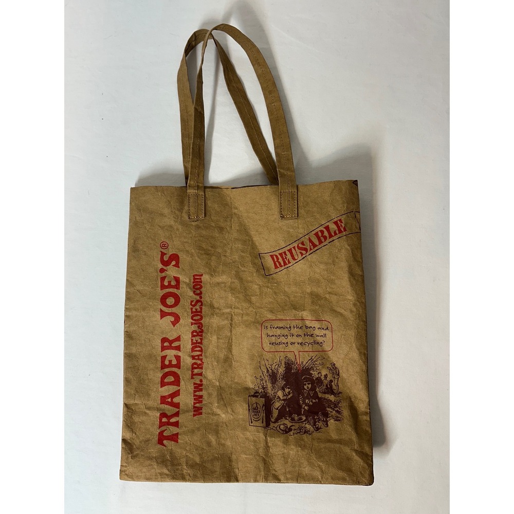 Trader Joe's Reusable Paper Look Tote Bag Brown Red Graphic Grocery Market Bag
